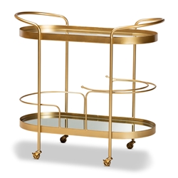 Baxton Studio Kamal Modern and Contemporary Glam Brushed Gold Finished Metal and Mirrored Glass 2-Tier Mobile Wine Bar Cart